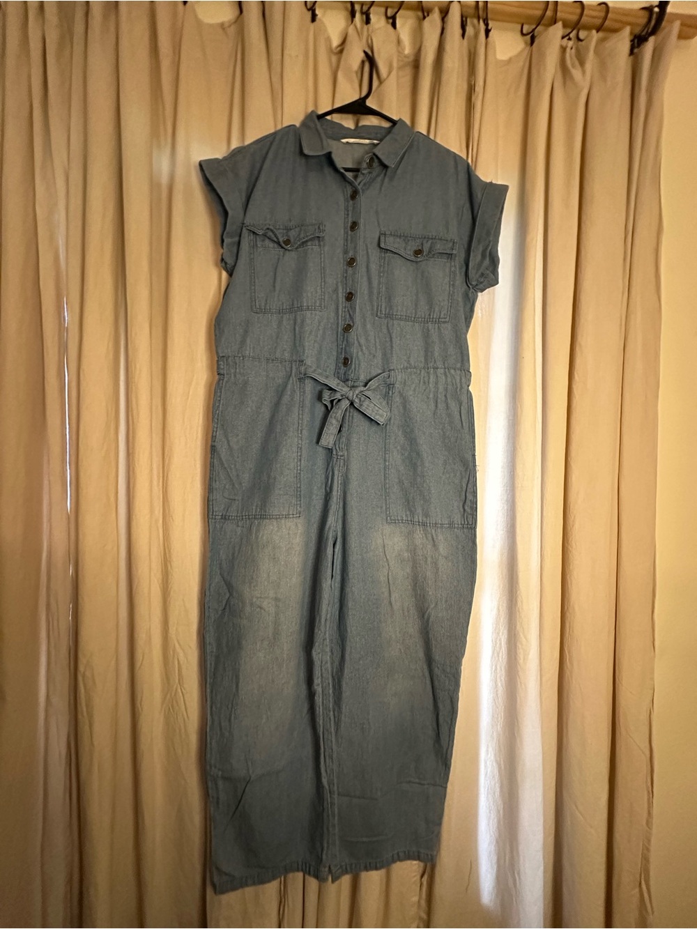 Light Blue Denim Utility Jumpsuit with Tie Waist